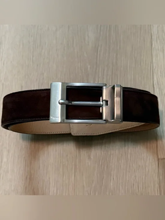 Salvatore Ferragamo Men's Dark Brown Suede Belt with Silver Buckle Size 36