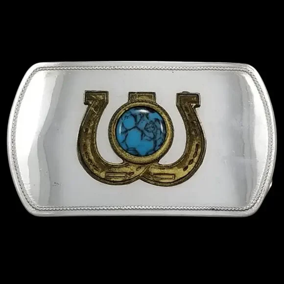Steel Belt Buckle – Gold Color Horseshoe with Turquoise Stone‎ Western USA Made