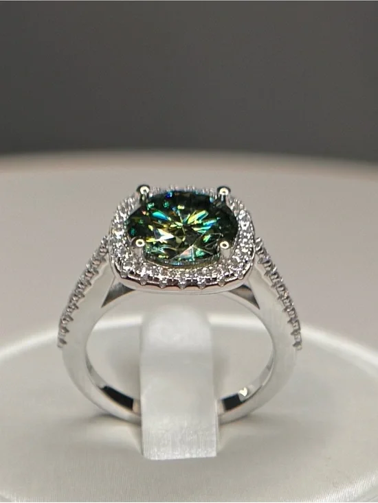 MOISSANITE 3 ct Mystic Green Center Stone w/Halo and Pave Stones