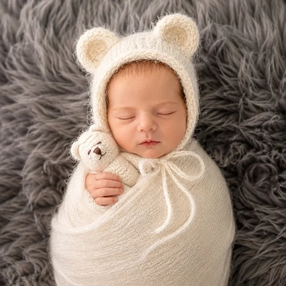 Hand Knit Newborn Bear Ear Bonnet Photo Prop