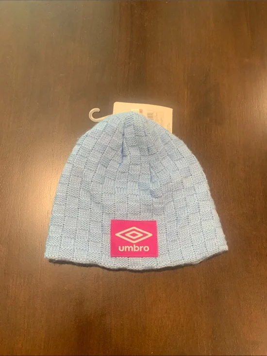 Umbro Kids Sky Blue Knit Beanie with Pink Logo Patch