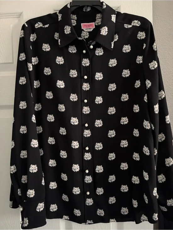 kate spade Black Cat-Pattern Pearl-Button Shirt