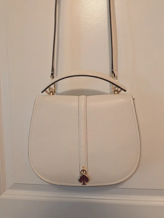 kate spade Cream Pebbled Leather Saddle Crossbody with Gold Heart Charm
