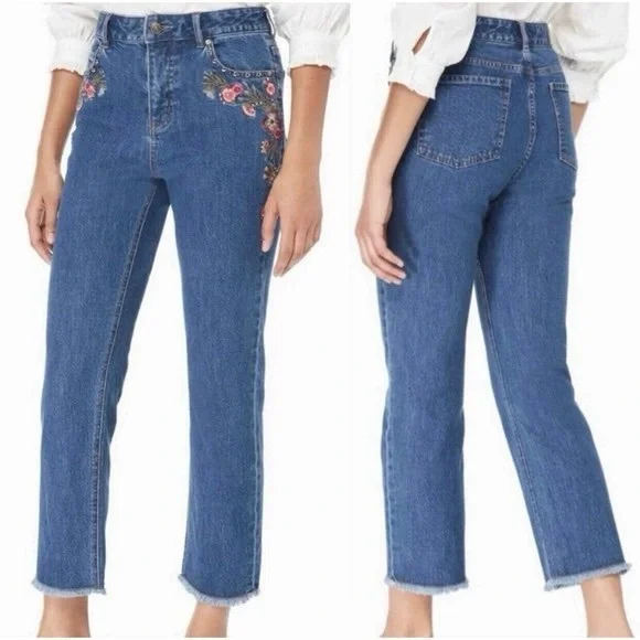 Kate Spade Broome St Ditsy Floral Embroidered Raw Hi Rise Cropped Jeans Sz 29
