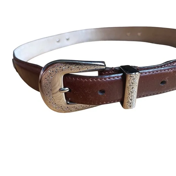 Brown Top Grain Genuine Leather Western Belt Silver Etched Buckle 32 Cowboy