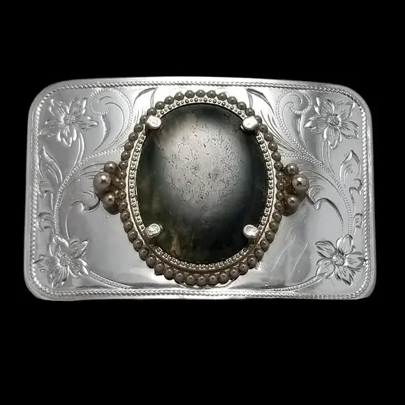 Vintage‎ Belt Buckle Cabochon Agate Western Filigree Carved Flowers Silver Color