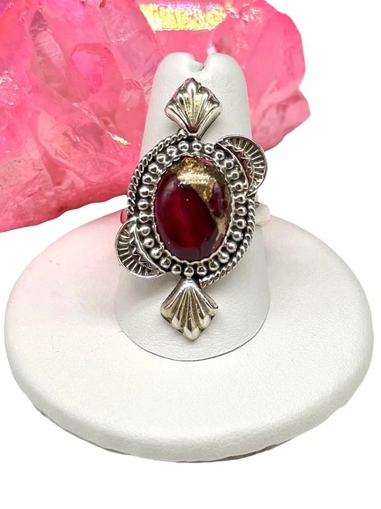 Red Rose Dahlia Kingman Turquoise Ring 925 Sterling Silver Adjustable Size 7 - 9