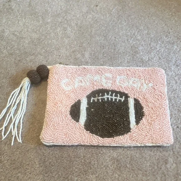 Pink Glass Beaded Game Day Football Zippered Bag Pouch with Tassel Pull