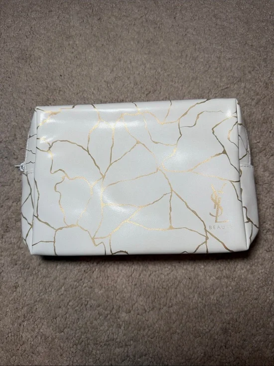 Yves Saint Laurent White Cosmetic Pouch with Gold Vein Detail