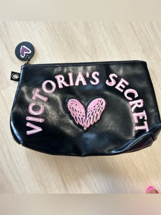 Victoria's Secret Large Cosmetic Zippered Bag Pouch Black Pink Heart Angel Wings