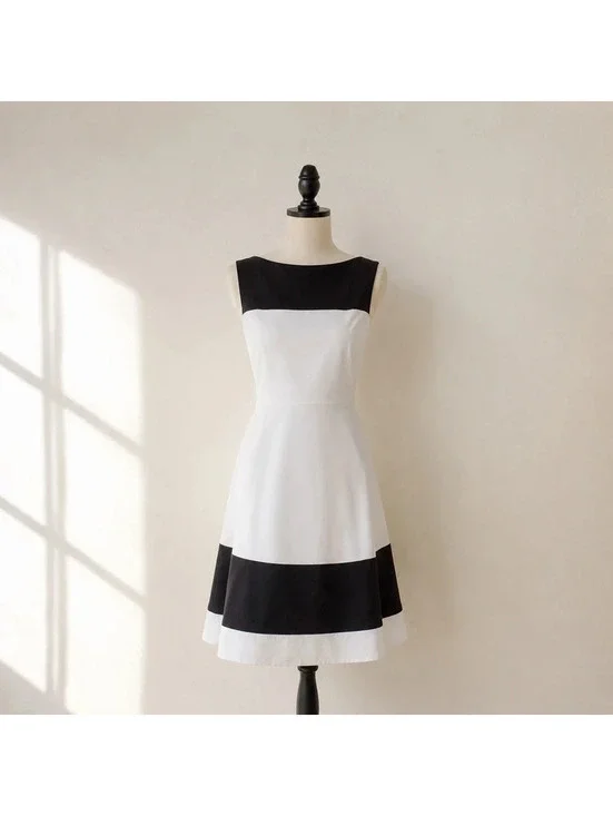 Kate Spade New York Black White Colorblock A-Line Dress L Sleeveless Cotton