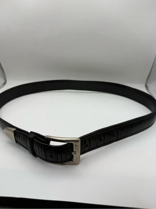 Barneys New York Black Brown Leather Belt Men’s 32 Textured Inlay Silver Buckle