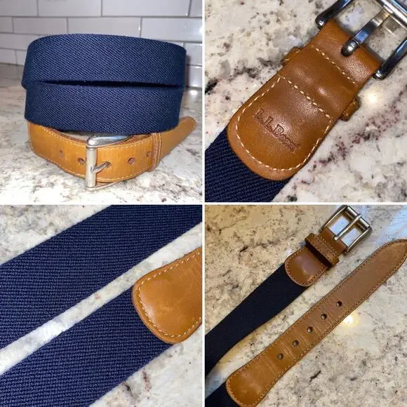 LL Bean $69 Leather Stretch Canvas Silver Mens Preppy Belt Fits XL 48”-51” EUC