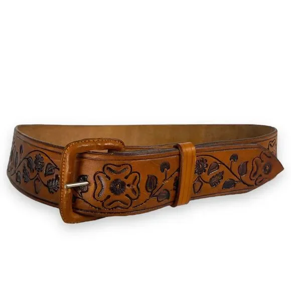 Mexican Tooled Brown Leather Belt Floral Design Size 34 Mexico Apple‎ C14Q