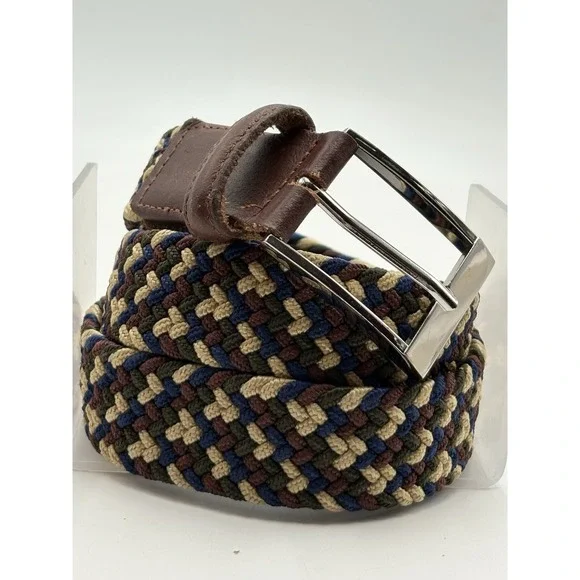 Braided Canvas Mens 56/58 Stretch Belt Blue Tan Leather‎ Trim Preppy Big Tall