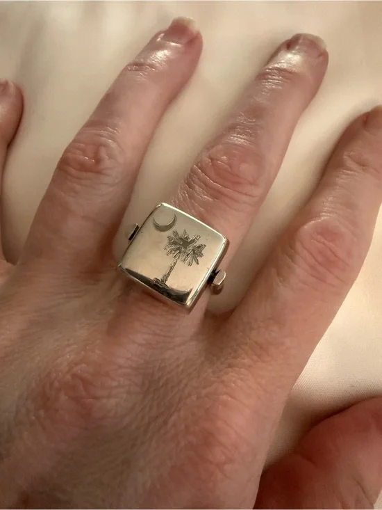 Sterling Silver Palmetto Tree & Crescent Moon Square Ring - Silver