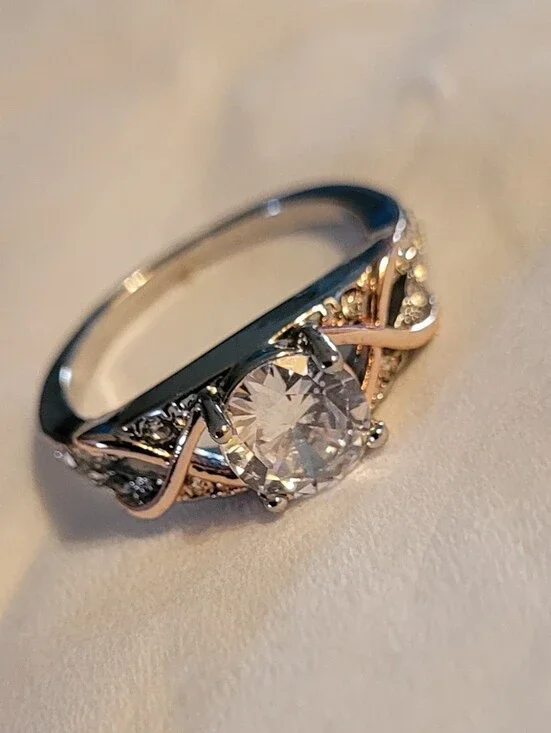 Silver/Gold Tone CZ Cocktail Ring with Crystals - Size 6