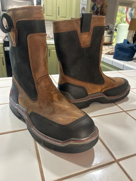 Men's Brown and Black Pull-On Work Boots - Rugged Slip-Resistant Design