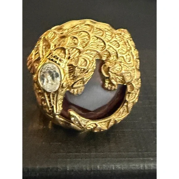 Vintage Ring Brutalist Chunky Alligator Rhinestone Gold Tone Pinky Size 5