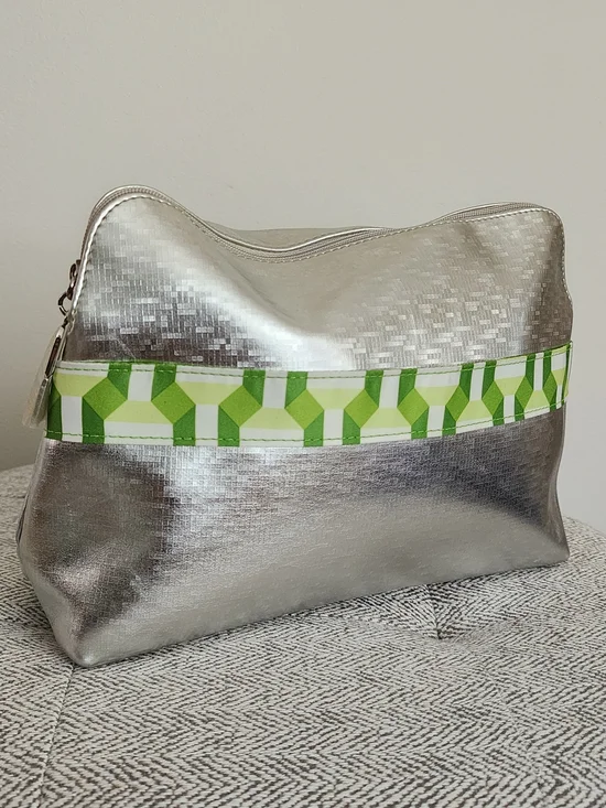 NWT Clinique Silver Metallic Large Cosmetic Pouch with Green Geometric Accent