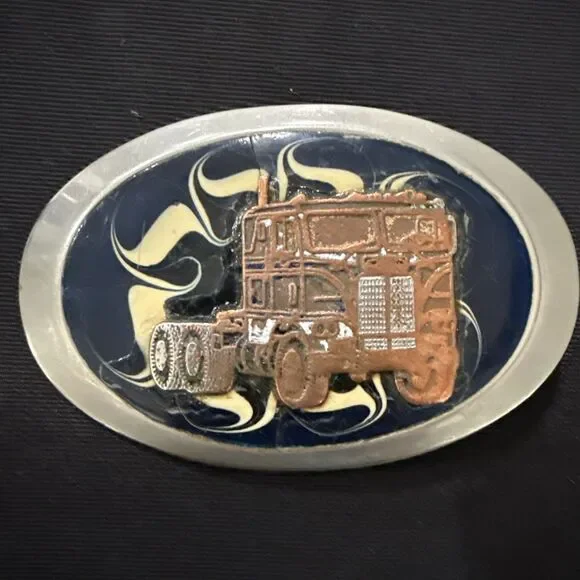 Semi Truck Trucker Driver Vintage Oval Belt Buckle White & Blue Enamel