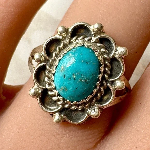 Navajo Flower Ring Turquoise Sz 7 Sterling Silver Signed Morgan Native Amer
