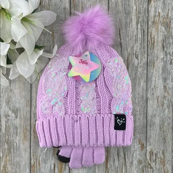 Girls Justice Sequin Cable Knit Hat and Gloves Set Pink