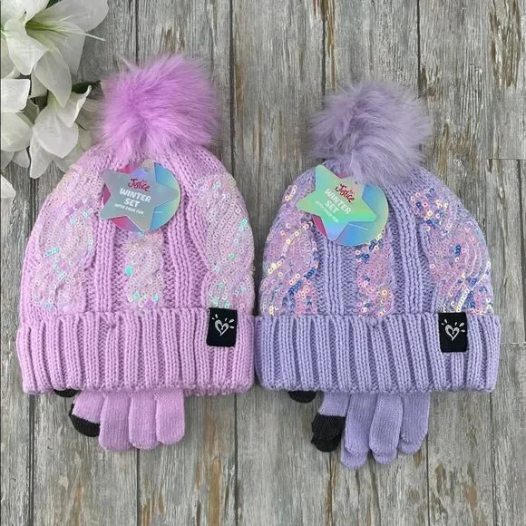 Girls Justice Sequin Cable Knit Hat and Gloves Set Pink 2-Pack