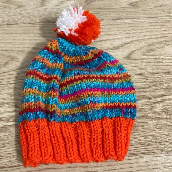 Unbranded Knit Beanie Kids OS Multicolor  Pom Pom Striped Winter Hat‎ RAINBOW