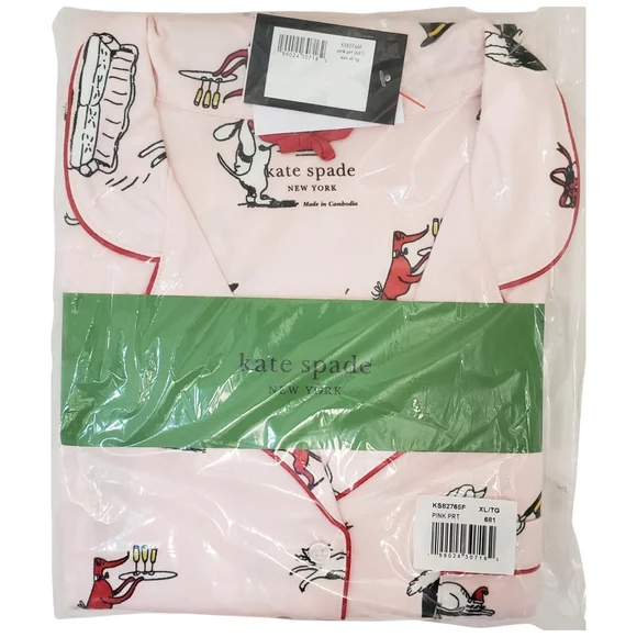 KATE SPADE New York Pajama Set Women Pink Holiday Long Sleeve Notch Collar