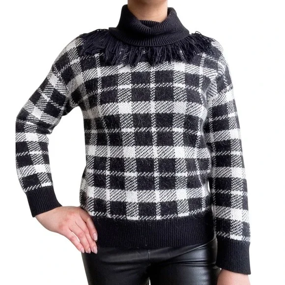 Kate Spade Dark Academia Plaid Checked Mohair Fringe Turtleneck Sweatshirt