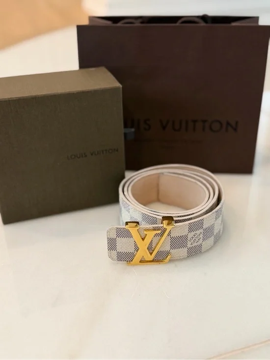 Louis Vuitton Damier Azur Canvas Belt with Gold LV Buckle - White/Gold