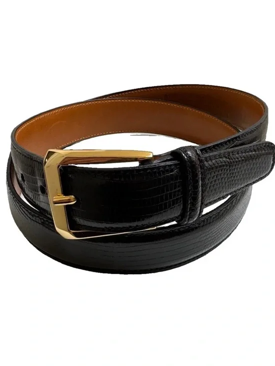 Trafalgar Premiere Java Lizard Leather Belt Mens 34 Black Gold Buckle Handmade