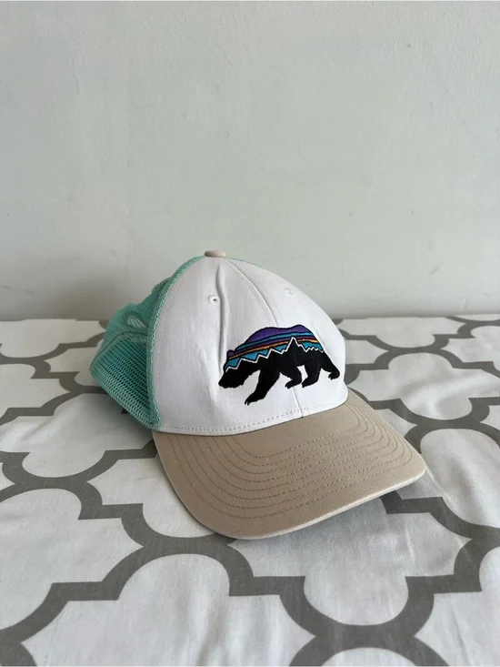Patagonia Kids Trucker Hat — White, Mint, Tan with Bear Patch