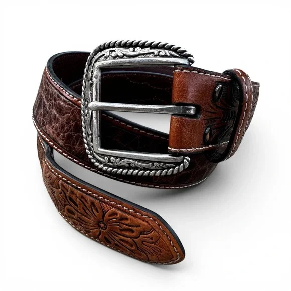 Ariat Mens Brown Crocodile Floral Tabs Leather Western Cowboy Belt - Size 38 -