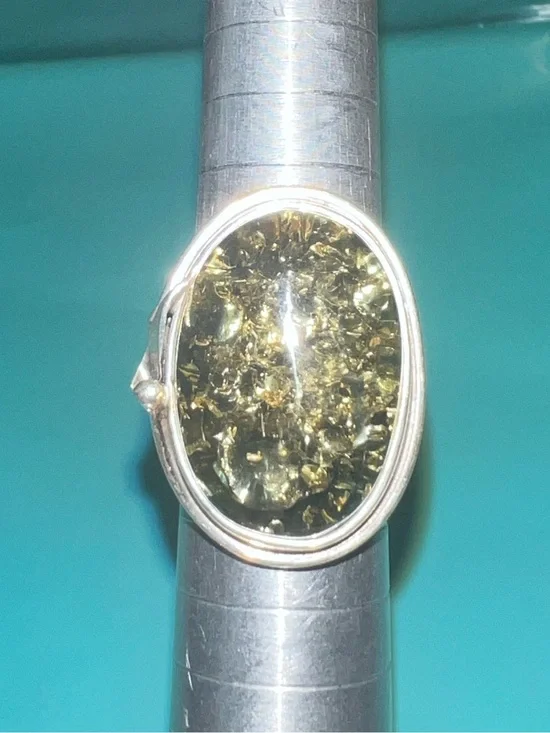 Sterling Silver Green Amber Oval Ring- adjustable