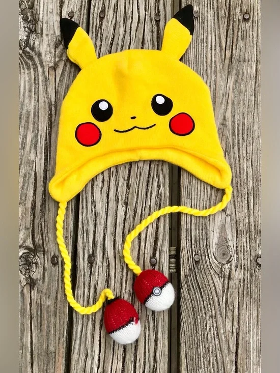 POKEMON Pikachu Character Woven Sweater Cap Pokeball Hat Tie One Size