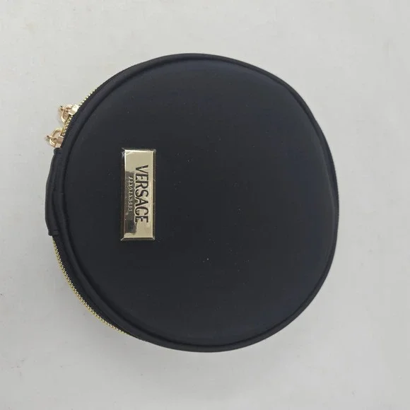 Versace Fragrances Black Round Vanity Cosmetic Case Gold Logo Mirror Travel Bag