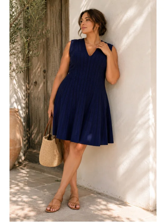 Kate Spade Navy Textured Fit & Flare Sweater Dress XL Sleeveless V-Neck Knit