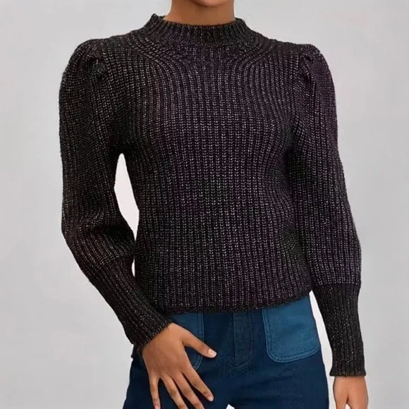 Kate Spade Lurex Puff‎ Sleeve Sweater Size SMALL Charcoal Gray Chunky Rib Knit