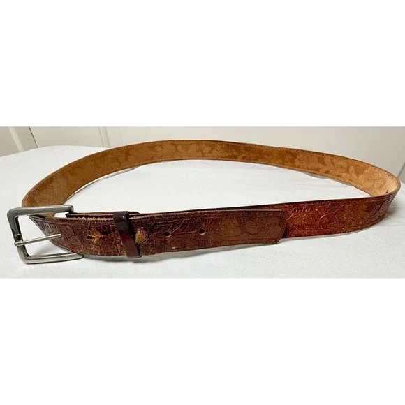 Vintage Embossed Leather Belt Brown Western Tooled Distressed Size 38