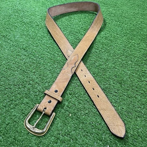 Vintage Nocona Western Belt SZ 42 Tan Leather Lg Brass Buckle‎ 90s Cowboy Rodeo