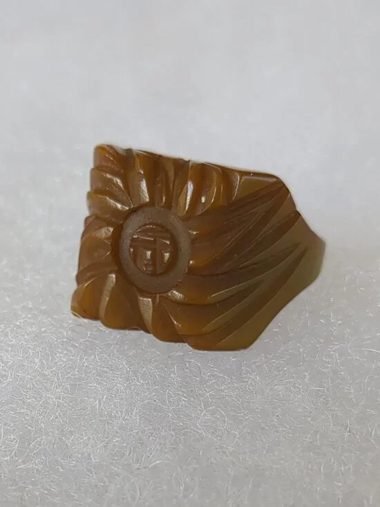 Vintage Carved Bakelite Ring • Butterscotch Olive • Art Deco • Tested Positive B