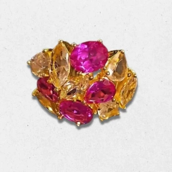Gold-Tone Cluster Ring with Pink and Yellow Gemstones