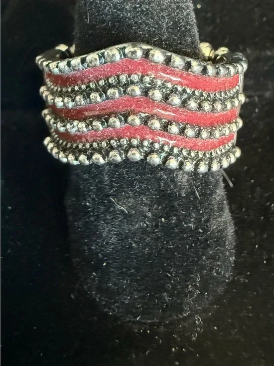 paparazzi Red Wave Beaded Ring in Silver Tone