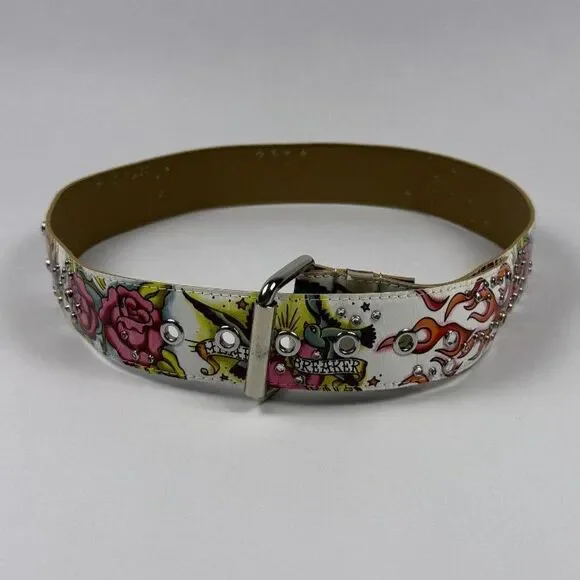 Ed Hardy Style Tattoo-Inspired Graphic Belt Colorful Rhinestone Accents 38.5