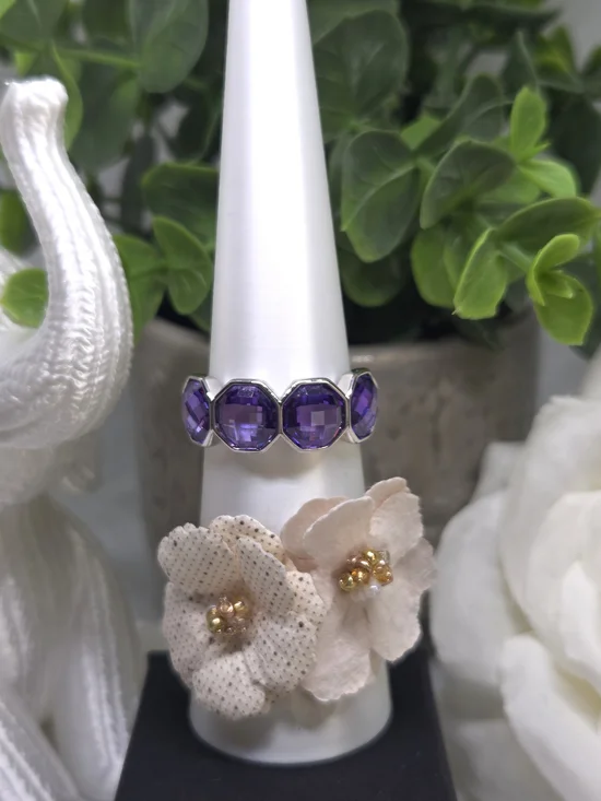 BP Amethyst Crystal Band Ring On Rhodium Plating