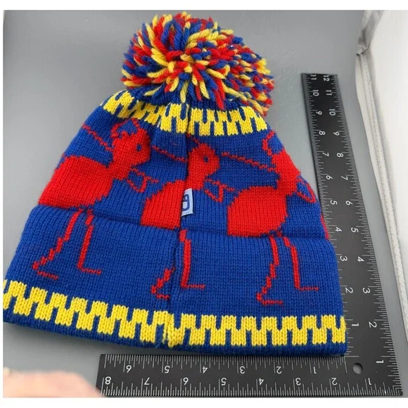 Vintage Beanie Ski Hat 100% Wool Knit Pom Pom Blue Red Yellow Winter Cap