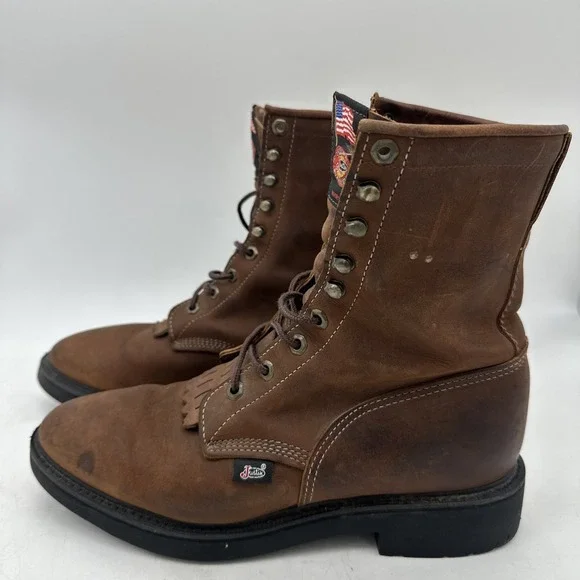 Justin Original Work boots Mens Sz 10 D Livestock Lace Up Brown steel toe EUC