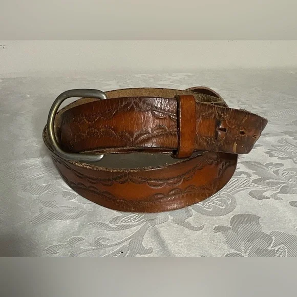 Vintage Genuine Leather Men's Belt Light Brown  Embossed Pattern  51” Long